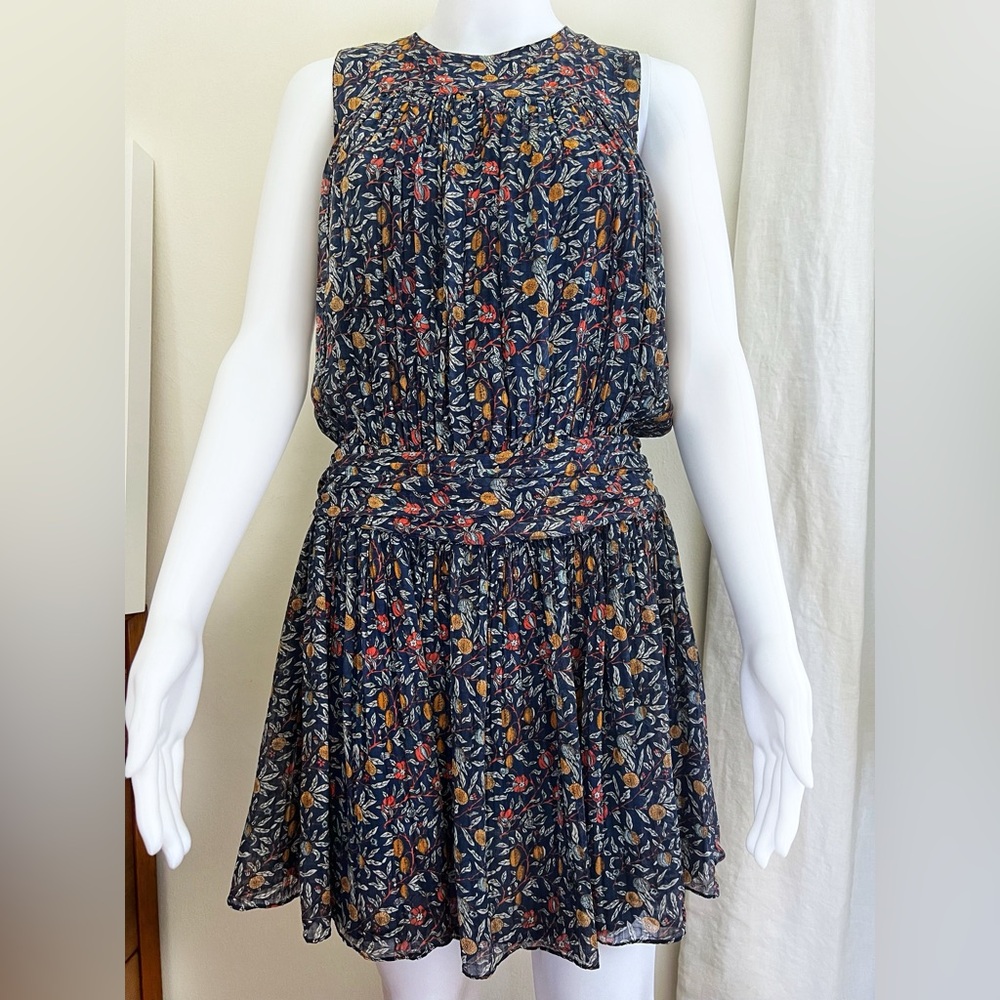PAUL & JOE Silk Navy Floral Midi Dress with Open Back